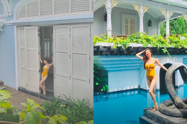 Không cần ra biển, Hà Hồ diện áo tắm leo trèo khắp nơi trong khu nghỉ dưỡng để chụp ảnh sống ảo-1