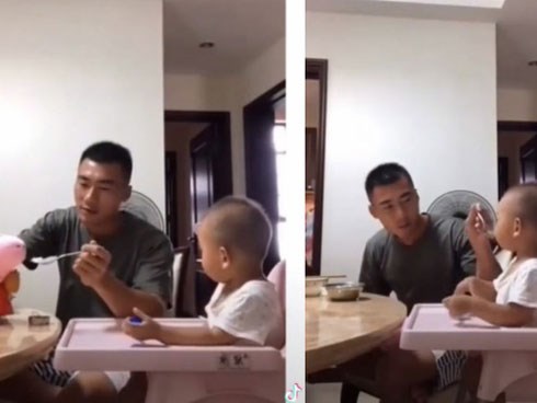 Thấy con trai biếng ăn, ông bố trẻ bèn nảy ra cách này khiến cậu bé phải há miệng ăn nhanh thun thút