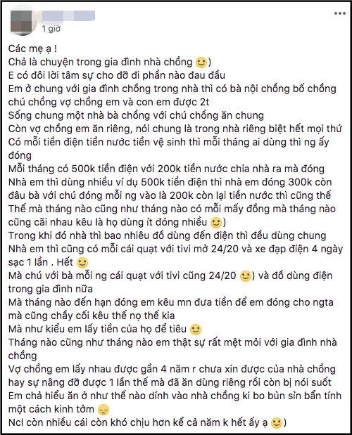 Kể xấu người nhà chồng bủn xỉn không chịu chi vài trăm nghìn tiền điện, nàng dâu bị chị em phán một câu sượng mặt”-1