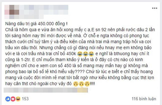 Cô gái than thở nhà trai chỉ bỏ 450k vào lễ ăn hỏi, hội chị em đồng loạt xúm vào khuyên nhủ điều này-1