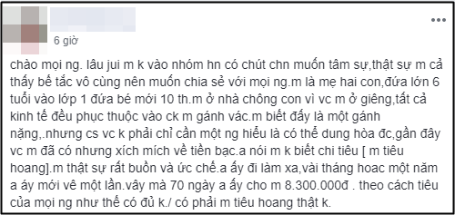 Chi 8 triệu cho ba mẹ con trong 2 tháng vẫn bị chồng chê hoang”, hội chị em nhao nhao khuyên vợ trẻ nên đi làm-1