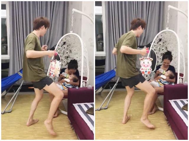 Ông bố 40 tuổi nhảy mua vui cho con uống sữa khiến ai cũng phải bật cười-1