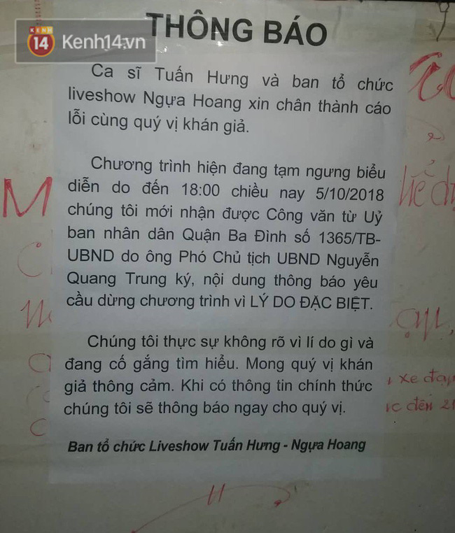 Đại diện Sở VH-TT Hà Nội cũng không biết lý do vì sao liveshow Tuấn Hưng bị hủy ngay phút 89-1