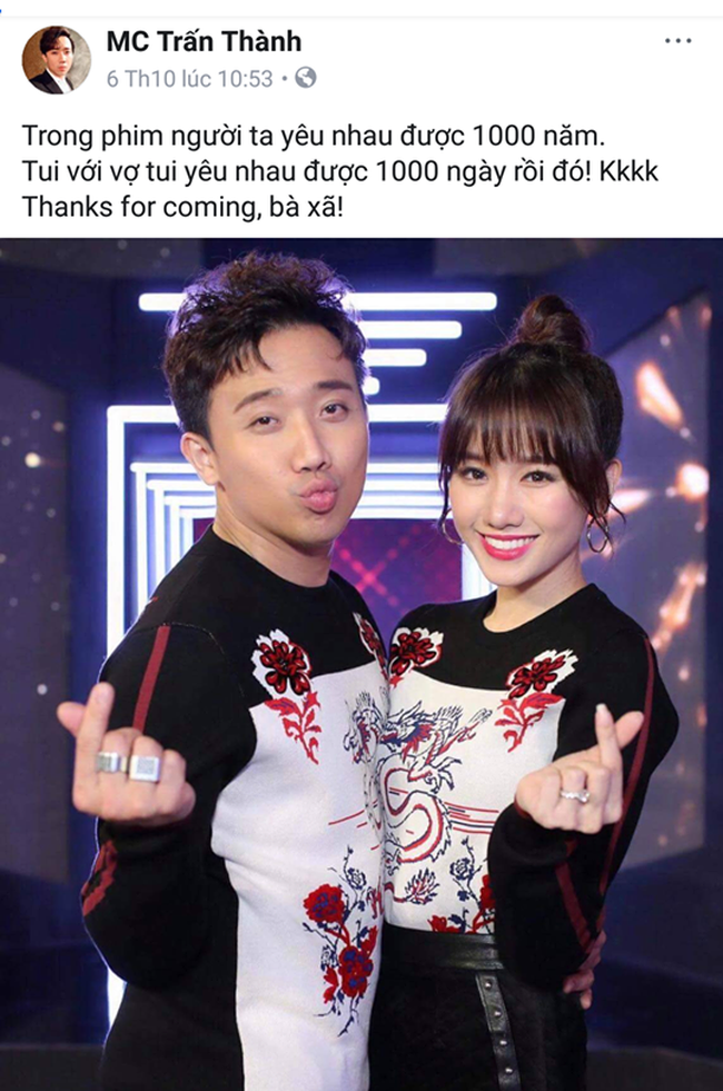 Fan ồ ạt chăm chăm chúc hai vợ chồng điều này ngay sau khi Trấn Thành đánh dấu 1000 ngày yêu Hari Won-1