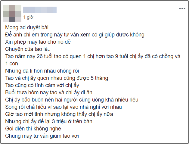 Cùng người tình già vào nhà nghỉ, trai trẻ tá hỏa khi tỉnh dậy thấy 3 triệu và lời khuyên đáng chú ý của dân mạng-1