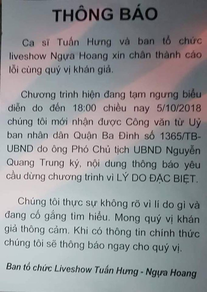 UBND quận Ba Đình ra thông báo chính thức về việc dừng show của Tuấn Hưng-1