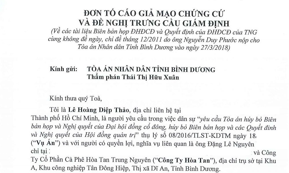 Bà Diệp Thảo tố cáo hình sự vụ tranh chấp tại Trung Nguyên-3
