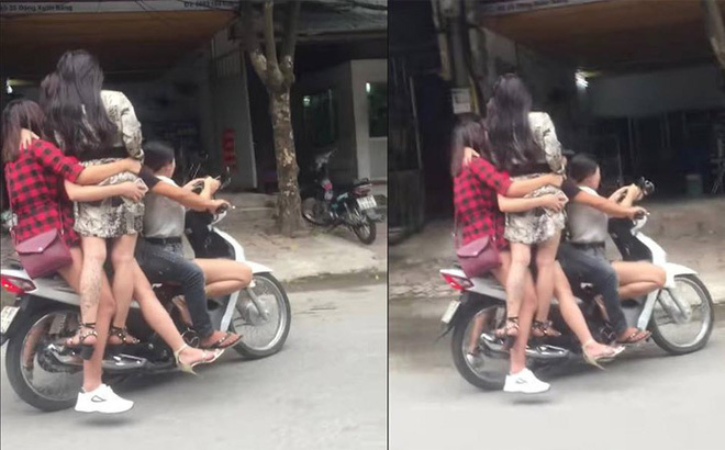 Xôn xao cảnh 5 kiều nữ đầu trần đu bám trên chiếc xe máy lao vun vút ở Hà Nội-1