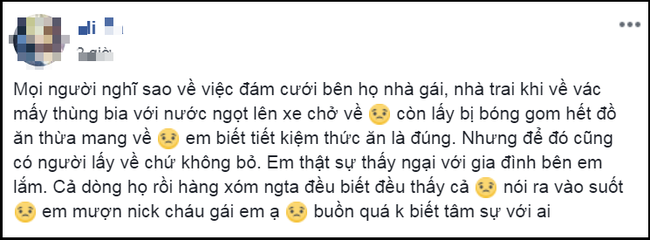 Cô dâu than trời vì nhà trai qua ăn cỗ mang theo túi lấy phần, khi về tiện tay vác luôn cả thùng bia-1