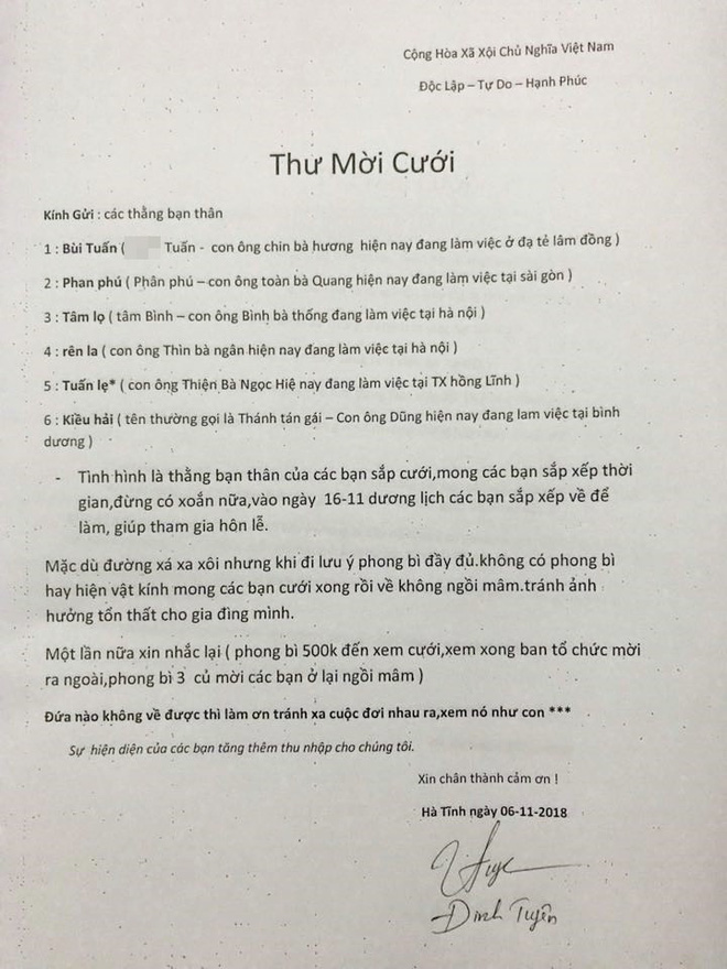 Thư mời cưới như lệnh: Không có phong bì, các bạn không ngồi mâm, tránh tổn thất cho gia đình mình-1