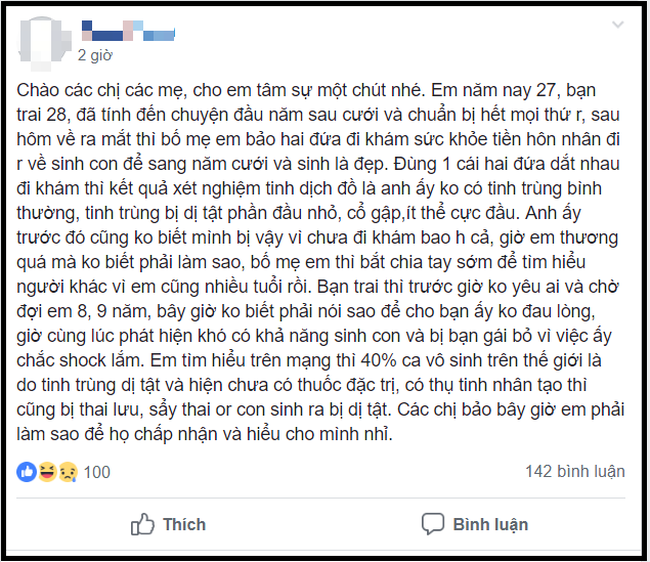 Đi khám phát hiện bạn trai vô sinh, cô gái lo lắng tìm cách bỏ, chị em hỏi ngược 1 câu đáng suy ngẫm-1