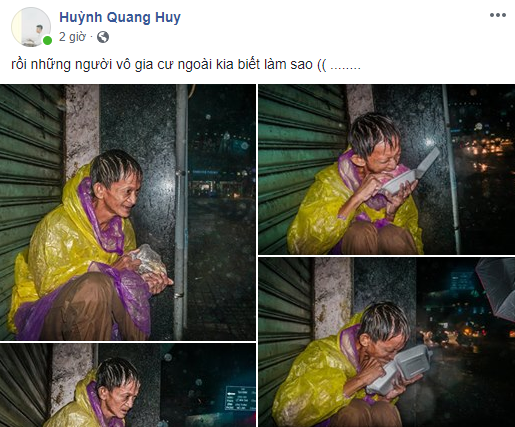 Giữa đêm, MXH xúc động mạnh với hình ảnh ông chú vô gia cư co ro húp cháo giữa mưa bão Sài Gòn-1