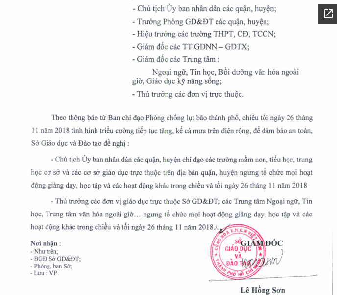 Khẩn: Sở GDĐT TPHCM đề nghị ngưng tổ chức các hoạt động giảng dạy, thi cử chiều tối ngày 26/11/2018-1