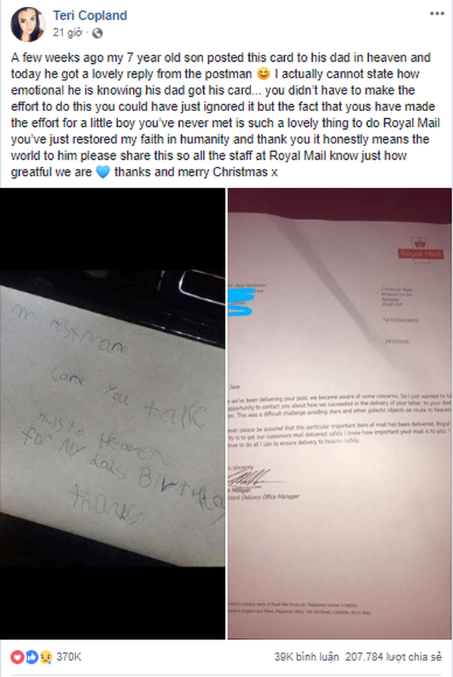 Hai lá thư cảm động nhất MXH hôm nay: Cậu bé gửi thư cho bố trên thiên đường và phản hồi bất ngờ của chú bưu tá-3
