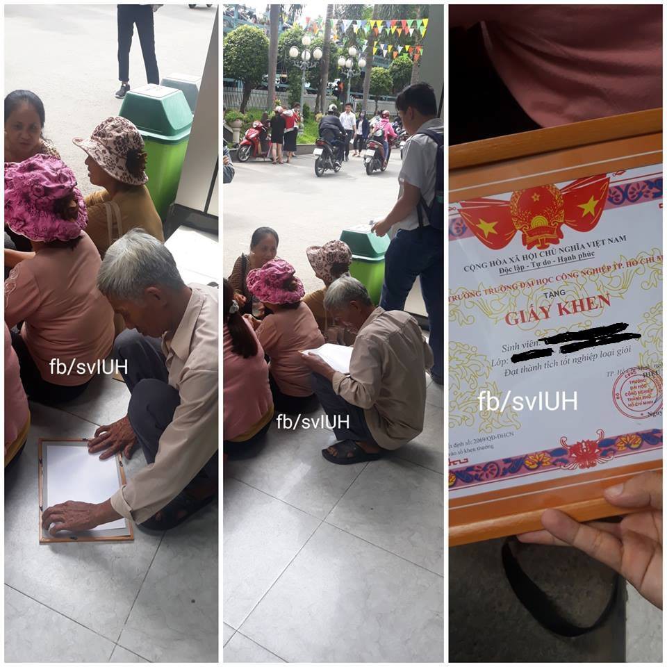 Bức ảnh người cha già ngồi bệt giữa sân trường nâng niu giấy khen tốt nghiệp loại giỏi của con gái khiến dân mạng xót xa-1