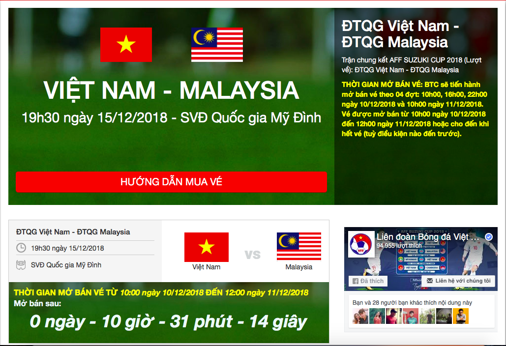 Hướng dẫn mua vé online trận chung kết AFF Cup lượt về giữa Việt Nam và Malaysia-1