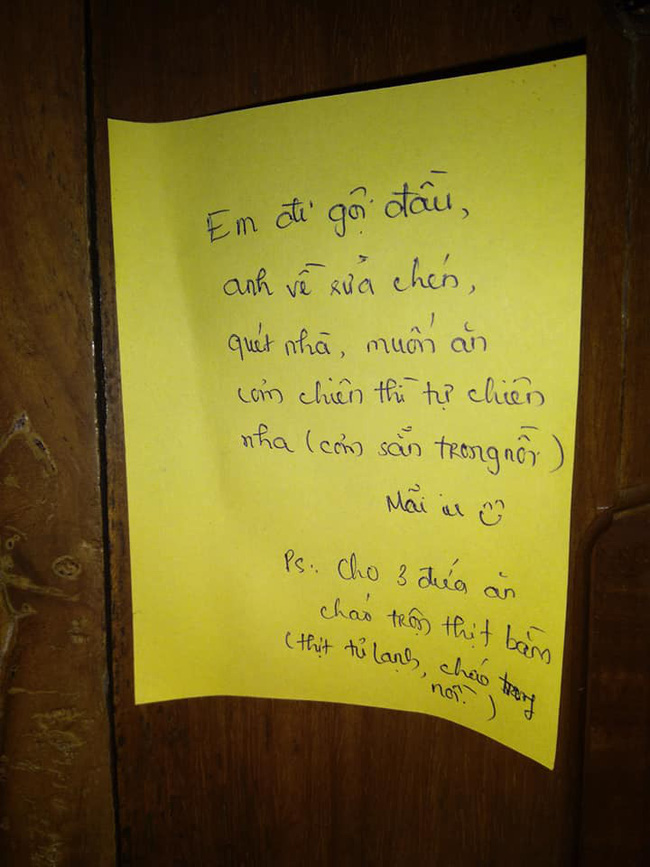 Vợ đi gội đầu để lại mảnh giấy nhắn dặn chồng tự nấu ăn, nhưng dòng cuối cùng mới là thứ gây cười-1