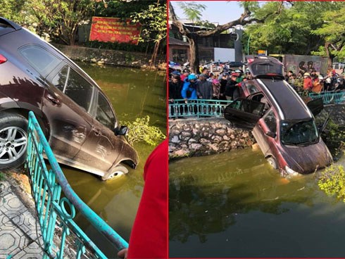 Lái xe cắm đầu xuống hồ Trúc Bạch - Hà Nội, tài xế còn đòi nổ máy lùi xe lên