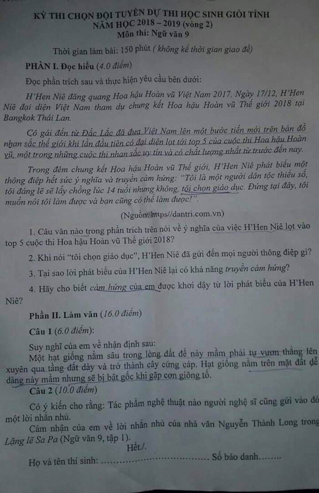 HHen Niê xuất hiện trong đề thi chọn học sinh giỏi Ngữ văn với đoạn phát biểu gây sốt ở Miss Universe 2018-1