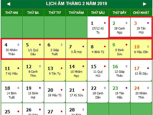 Lịch nghỉ Tết Nguyên đán và các ngày lễ trong năm 2019-2