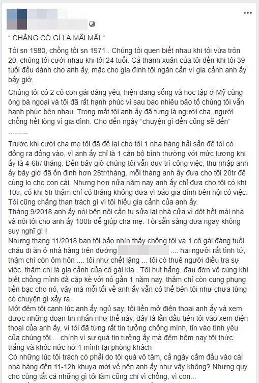 Vụ tố ngoại tình dậy sóng MXH hôm nay: 19 năm đằng đẵng chăm chồng con, vợ giỏi giang vẫn thua cô nàng 22 tuổi-1