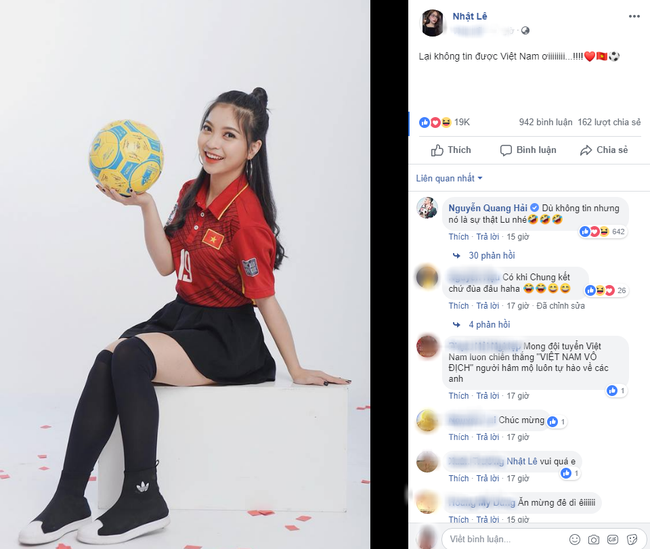 Đăng status chúc mừng đội tuyển Việt Nam nhưng lại bơ đẹp bình luận ngọt ngào của Quang Hải, Nhật Lê khiến fan đồn đoán...-2