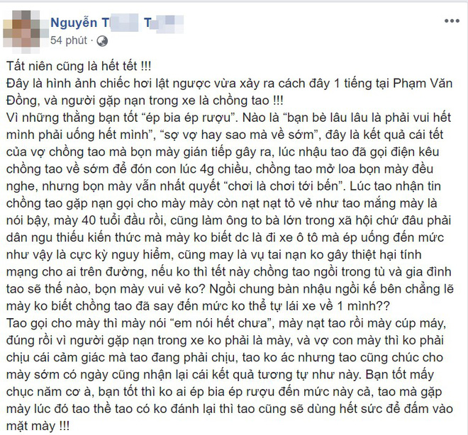 Chồng say lái ô tô gặp nạn, vợ chỉ trích bạn nhậu: Nếu Tết này chồng tao ngồi tù thì gia đình tao sẽ thế nào?-2