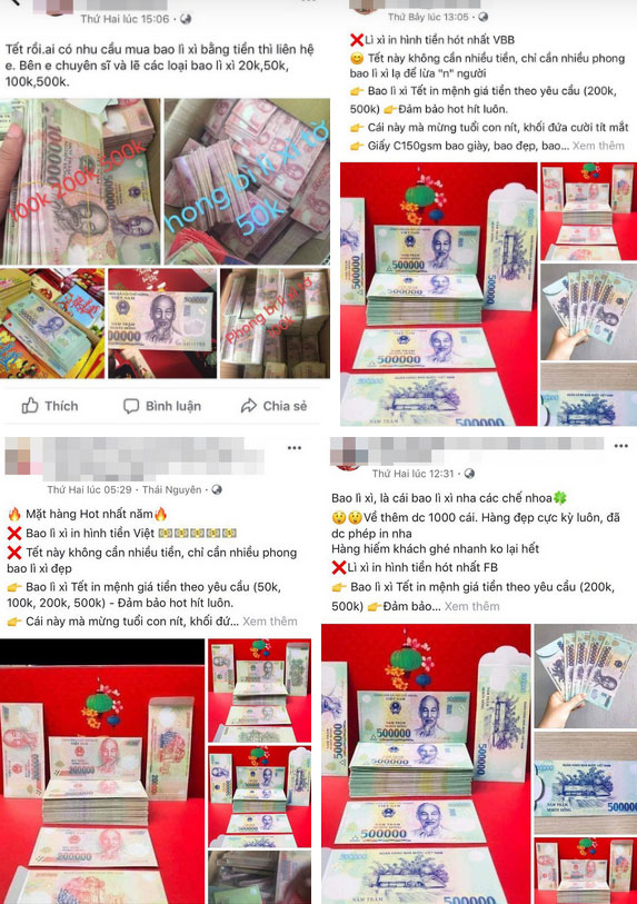 Bất chấp việc có thể bị phạt đến 80 triệu đồng, bao lì xì in hình tiền Việt Nam với nhiều mệnh giá vẫn được rao bán công khai trên mạng xã hội-2