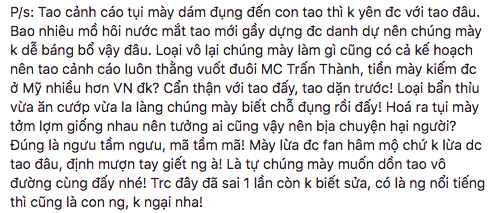 Sốc khi Vy Oanh tiếp tục đăng đàn cảnh cáo Trấn Thành, gọi nam MC là thằng-2