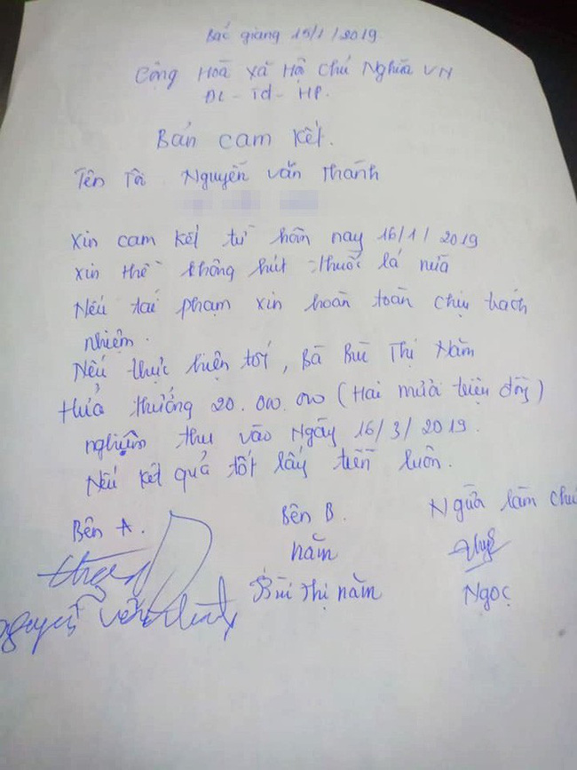 Xôn xao bản cam kết chồng bỏ thuốc lá trong 3 tháng, vợ hứa thưởng 20 triệu đồng-1