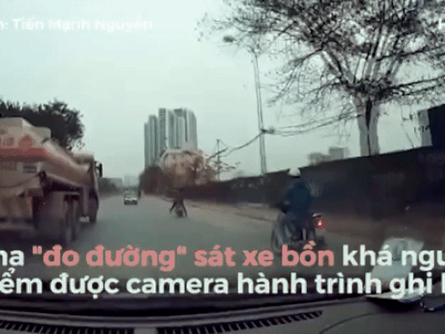 Không chú ý đường, tài xế quăng xe giữ mạng trước mũi xe bồn