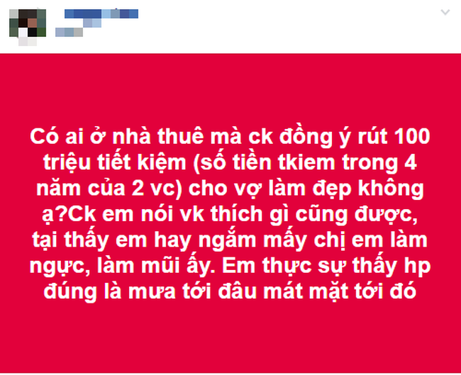 Khoe chồng rút 100 triệu cho mình đi nâng mũi, sửa ngực dù cả hai đang ở trọ, cô vợ khiến hội chị em dậy sóng-1