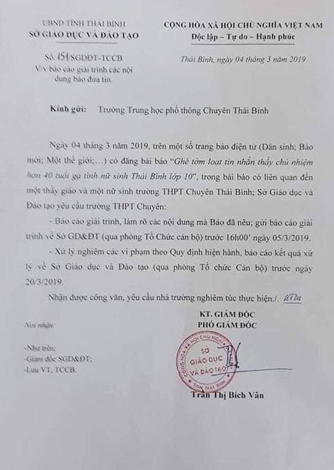 Nghi án thầy giáo trường chuyên nhắn tin gạ tình” nữ sinh lớp 10, Sở GD&ĐT Thái Bình yêu cầu làm rõ vụ việc-6