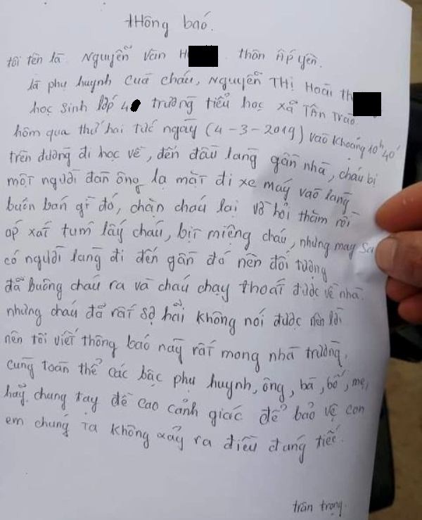 Sự thật thông tin học sinh lớp 4 ở tỉnh Hải Dương bị bắt cóc hụt trên đường đi học về-2