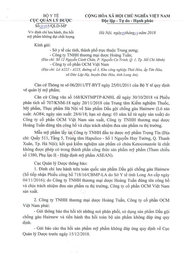 Sendo, Lazada, Shopee... bán dầu gội chống gàu HairNew chứa chất cấm cho người tiêu dùng-1