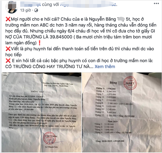 Xôn xao thông tin bé 5 tuổi bị trường mầm non đuổi học vì nợ gần 40 triệu tiền học phí-3