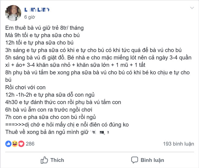 Bức xúc vì bỏ 8 triệu thuê vú nuôi vẫn phải tự pha sữa cho con, mẹ trẻ bị chị em mắng không ngẩng được mặt vì loạt lý do-1