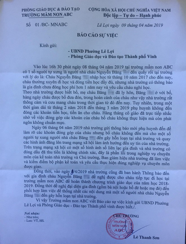 Vụ bé 5 tuổi bị đuổi học vì nợ tiền học phí: Bố cháu bé đến trường đe dọa và buộc kế toán đóng dấu dù không đóng tiền-2