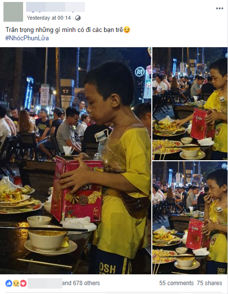 Rớt nước mắt hình ảnh cậu bé nhặt nhạnh chút đồ thừa trên bàn rồi ăn ngấu nghiến để lấp đầy chiếc bụng đói giữa phố Sài Gòn-1