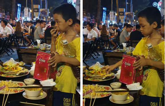Rớt nước mắt hình ảnh cậu bé nhặt nhạnh chút đồ thừa trên bàn rồi ăn ngấu nghiến để lấp đầy chiếc bụng đói giữa phố Sài Gòn-3