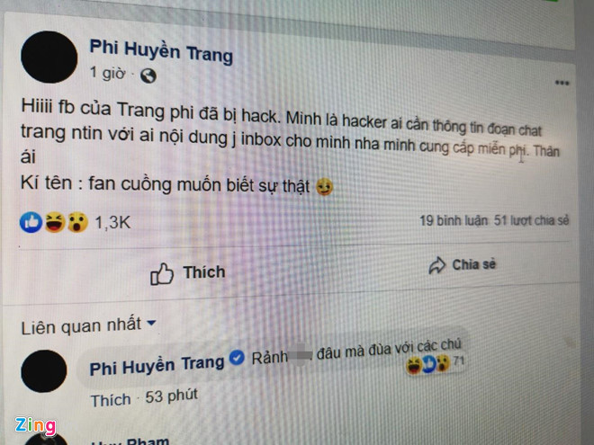 Facebook Phi Huyền Trang bị hack, đe dọa lộ clip nóng-2