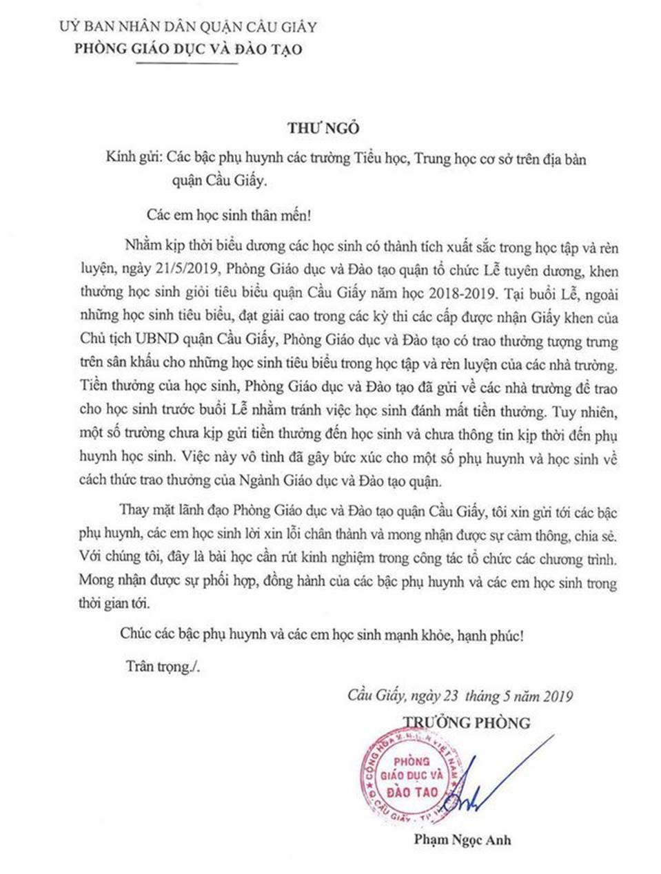 Thưởng học sinh giỏi chỉ bằng tờ giấy: Trưởng Phòng GD&ĐT Cầu Giấy viết thư xin lỗi-1