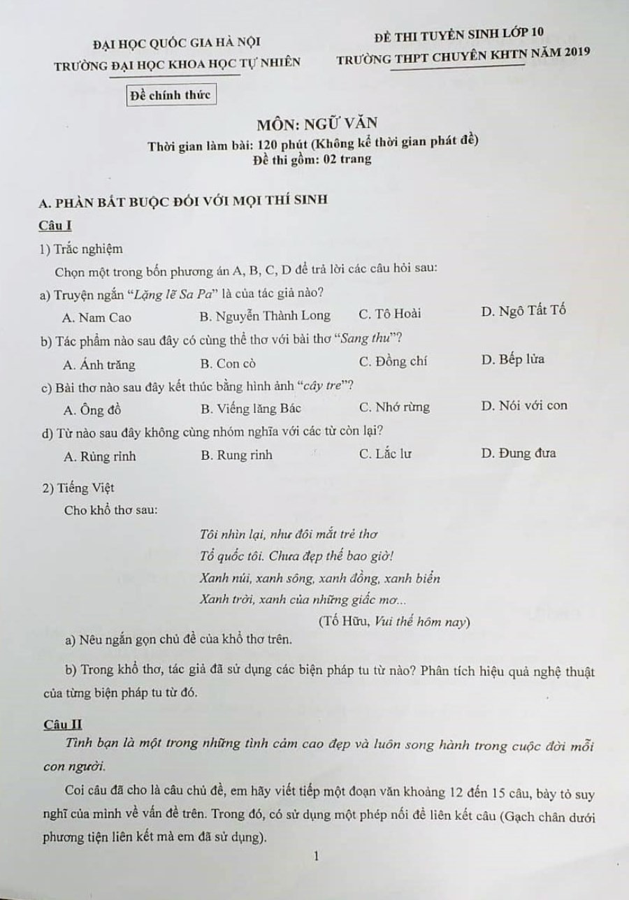 Đề thi môn Văn lớp 10 của Trường THPT Chuyên Khoa học Tự nhiên: Quá dễ so với tưởng tượng của thí sinh-1