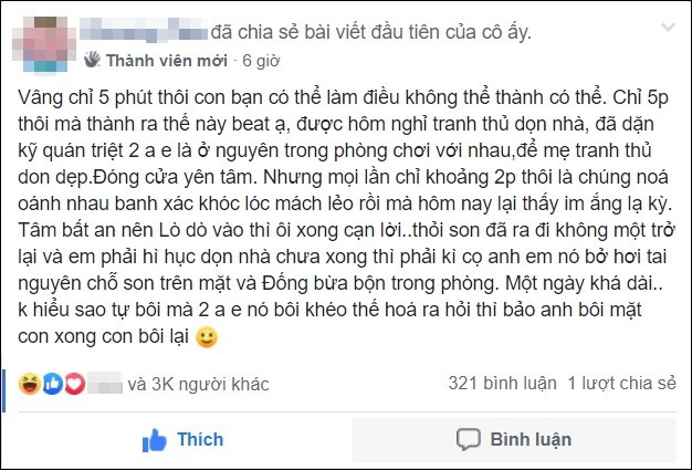 Sự im ắng khác thường trong phòng và 2 cậu con trai mặt mũi bê bết vết đỏ khiến mẹ trẻ đứng hình, cười trong nước mắt-1