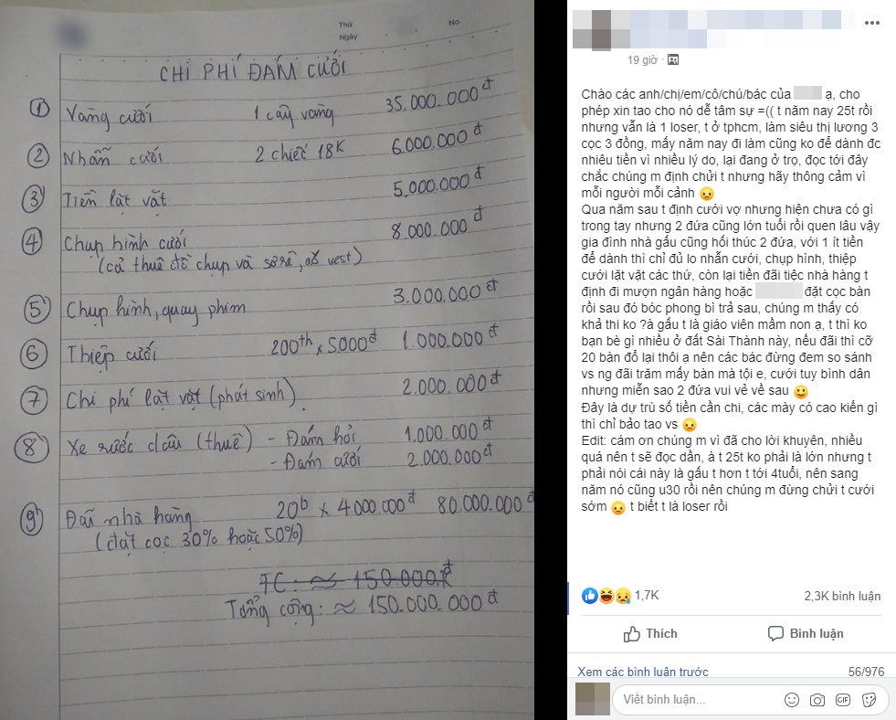 Xin ý kiến dân mạng với bảng dự trù đám cưới 150 triệu, chàng trai được chỉ ngay hàng loạt lỗ hổng-1