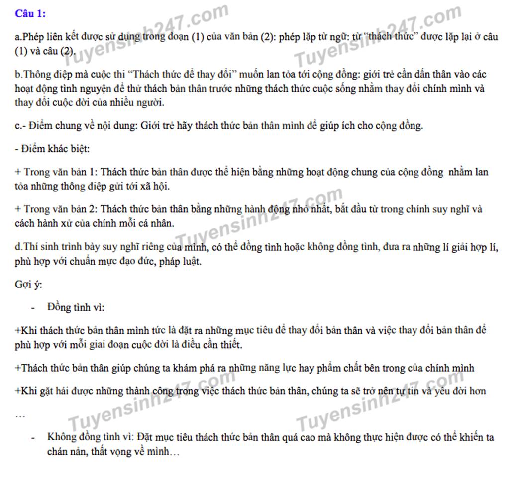 Đáp án môn Ngữ Văn vào lớp 10 tại TPHCM năm 2019-1