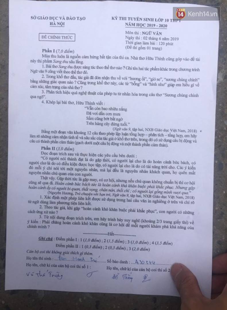 Đáp án đề thi lớp 10 môn Ngữ Văn tại Hà Nội năm 2019-3