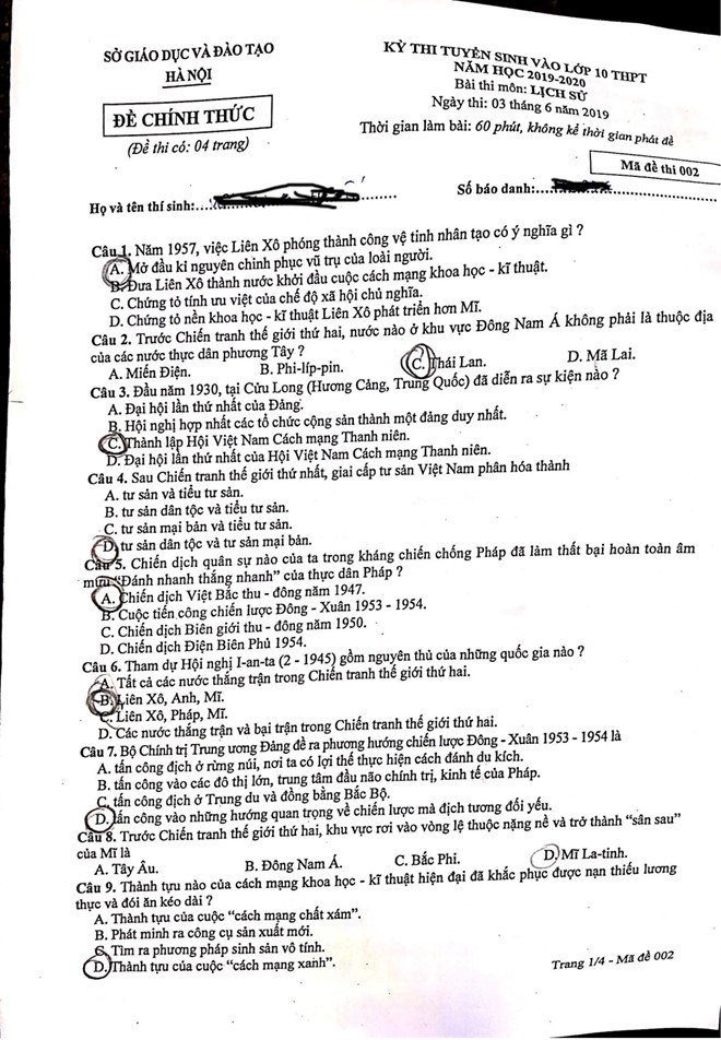Đáp án đề thi môn Lịch sử lớp 10 tại Hà Nội năm 2019-2