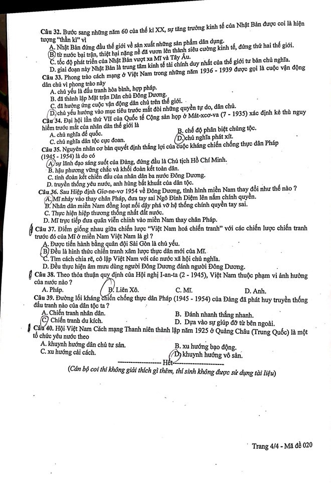 Đáp án đề thi môn Lịch sử lớp 10 tại Hà Nội năm 2019-5