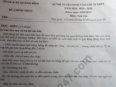 Xôn xao đề thi vào lớp 10 môn Ngữ Văn Quảng Bình giống y hệt đề kiểm tra học kỳ 2 lớp 9 trước đó không lâu